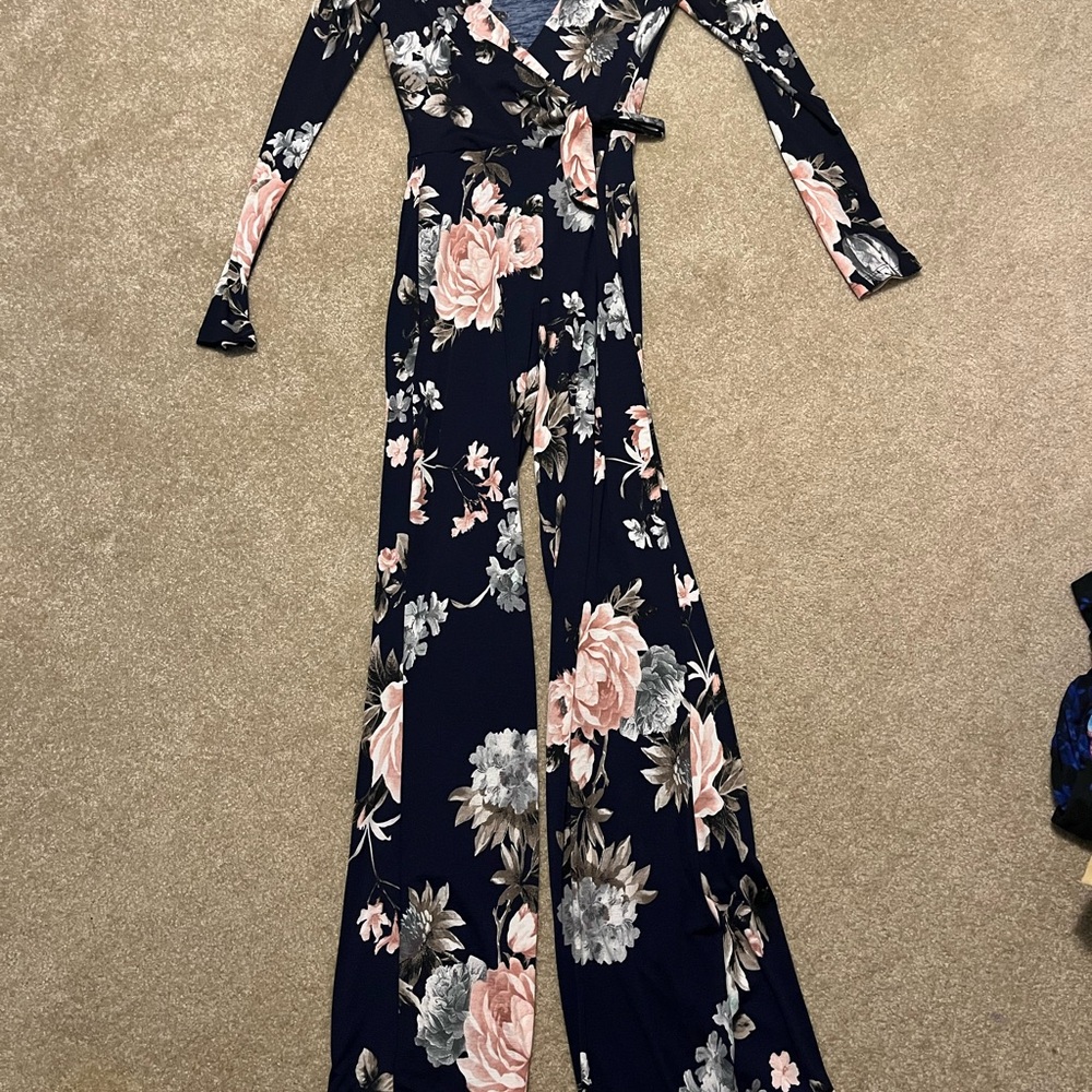 Floral Wrap Jumpsuit - Navy with Pink Floral